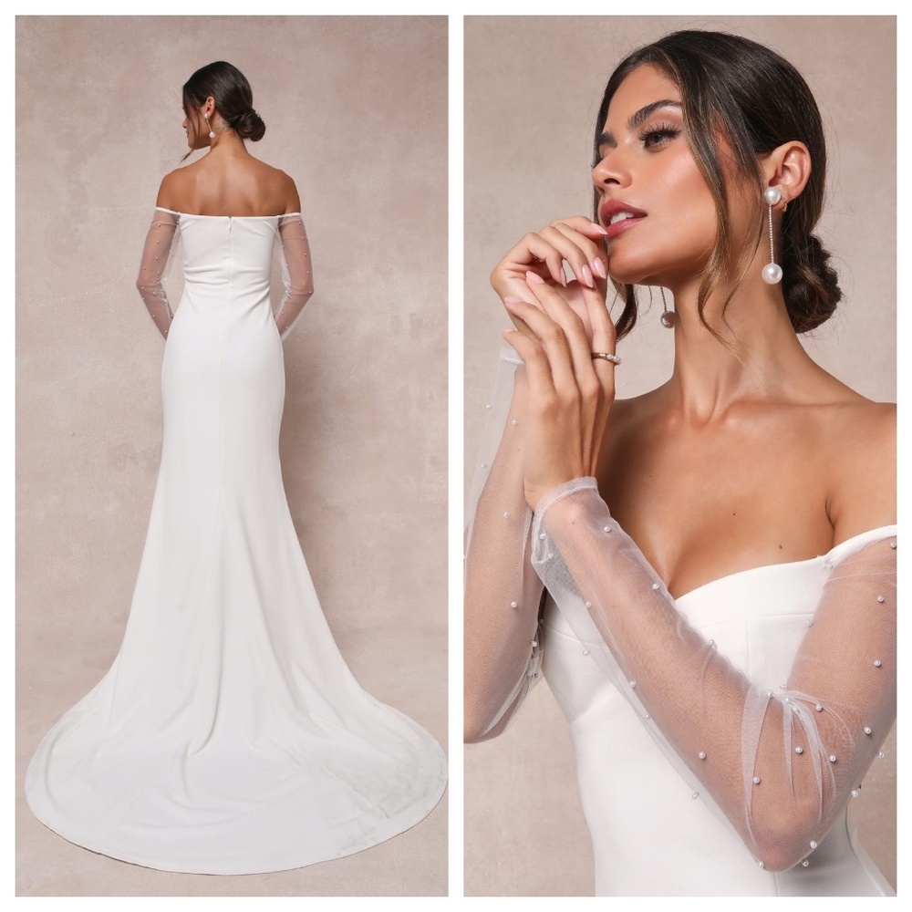 Lulu's Eternally Beloved Mesh Off-the-Shoulder Pearl Maxi Dress - Picture 3 of 16